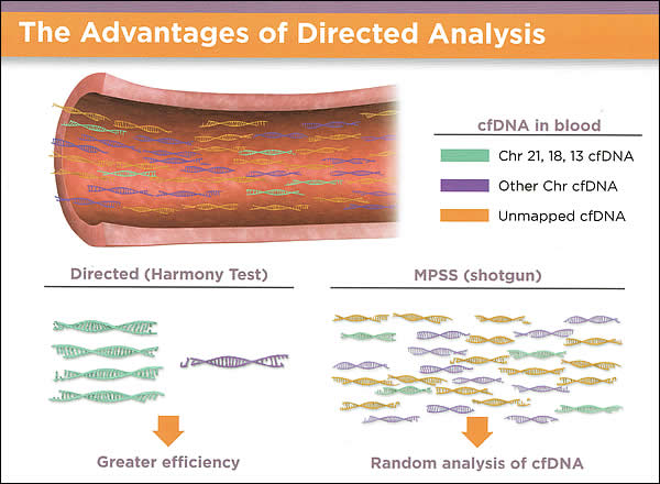 Harmony Prenatal Test uses direct analysis for trisomy detection; blood test to assess the risk of fetal trisomies and evaluate the X and Y chromosome